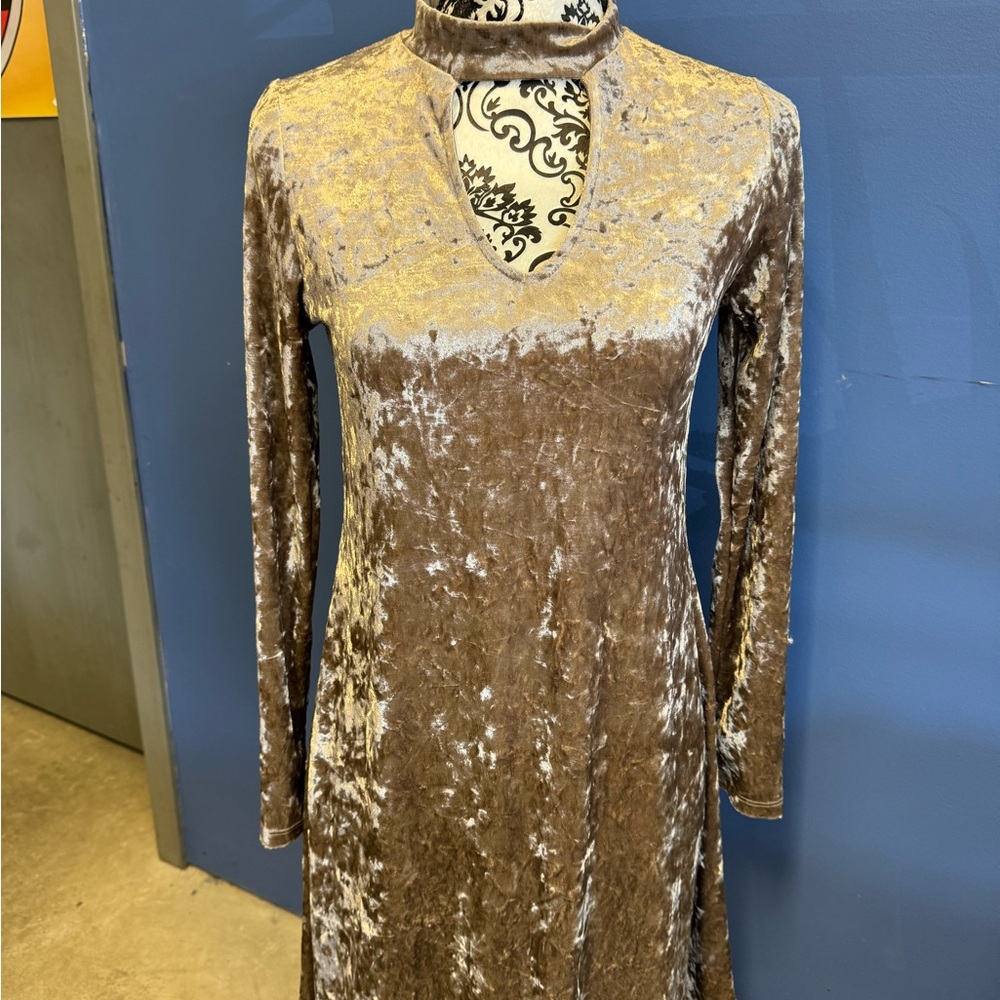 Chic Velvet Long Sleeve Dress in Brown